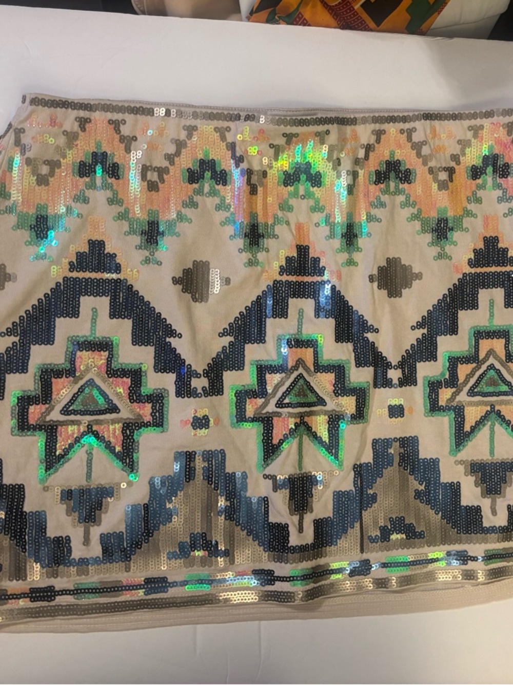 Express Sequin Embroidered Beige Mini Skirt with Navy & Green Accents